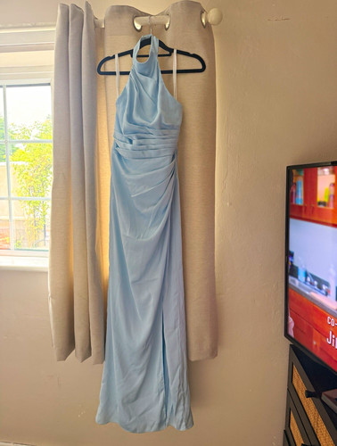 Blue satin sleeveless - satin, halter